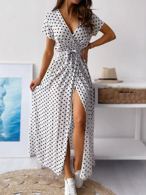 Royal Blue Polka Dot Surplice Maxi Dress With Slit