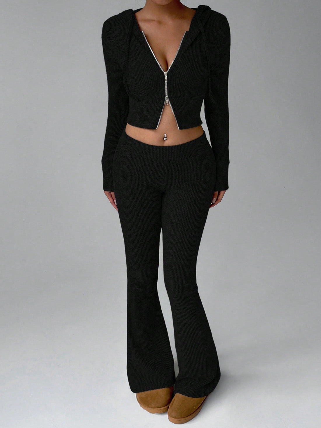Light Gray lounge set with zip-front, drawstring, elastic and ribbed