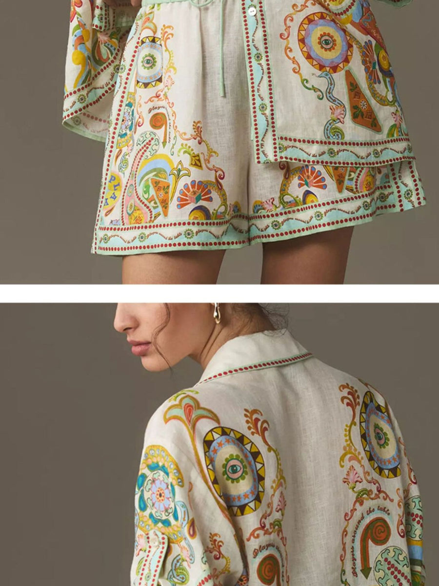Bohemian print linen two-piece set with buttoned shirt and high-waisted shorts.