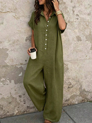Button Front Short Sleeve Jumpsuit in Green with collared