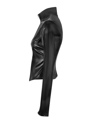 Black faux leather zip-up jacket with a high neck and form-fitting cut.