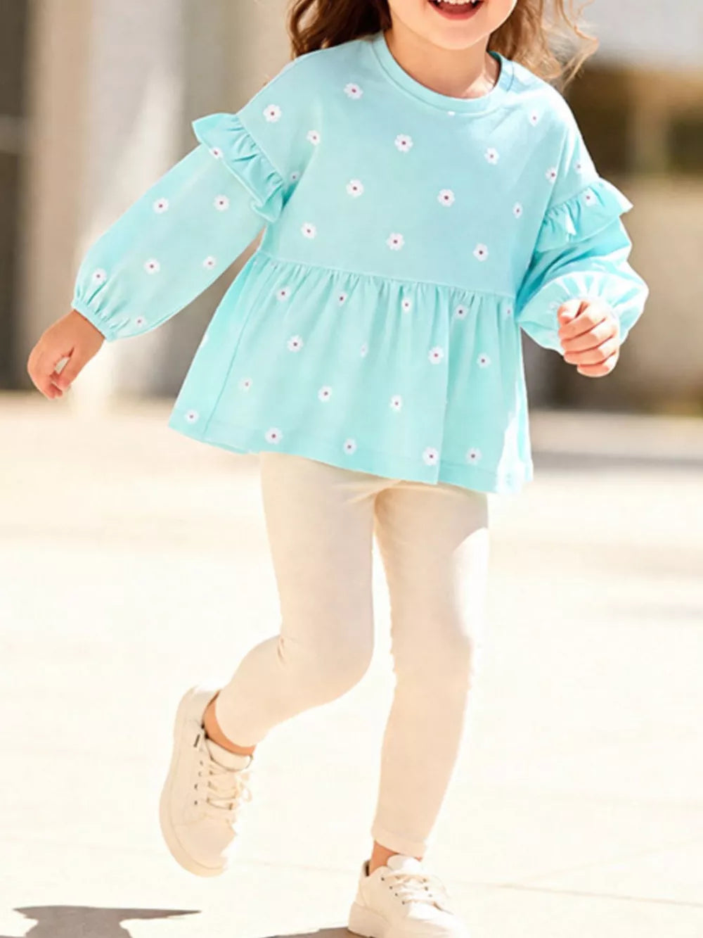 aqua peplum top with ditsy floral and crew neck
