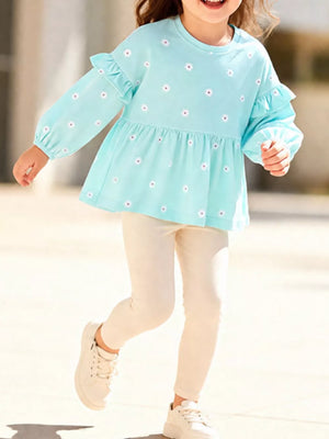 aqua peplum top with ditsy floral and crew neck