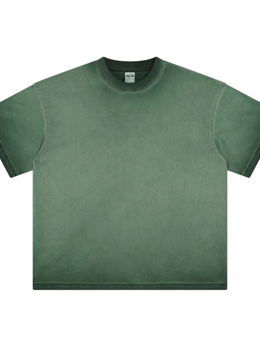 Pigment-dyed oversized tee in Moss green with a crew neck and short sleeves.