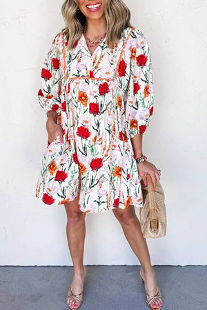 Floral Floral Print 3/4 Puff Sleeve Mini Dress