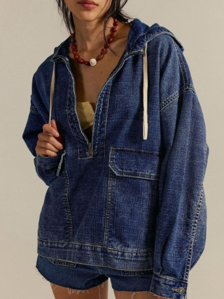 Half Zip Hooded Denim Top in Dark Green with drawstring
