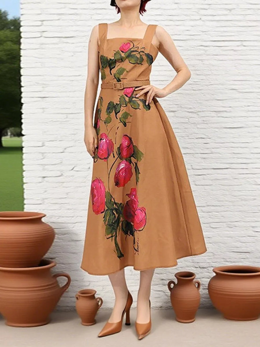 Brown sleeveless midi dress with rose print, square neckline, and belted waist.