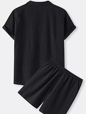Black linen blend short sleeve button-up shirt and elastic waist shorts set