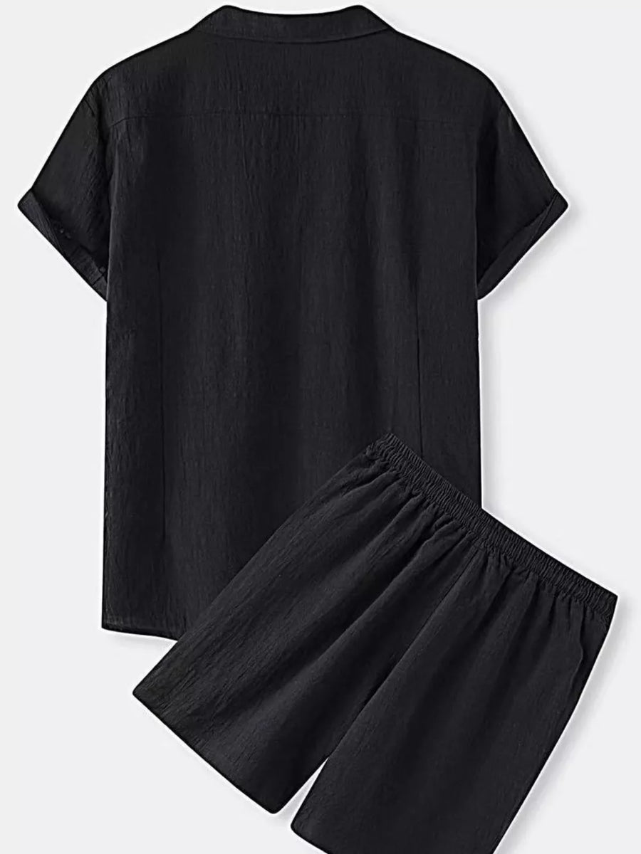 Black linen blend short sleeve button-up shirt and elastic waist shorts set