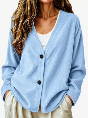 Black Casual Corduroy Button-up Cardigan