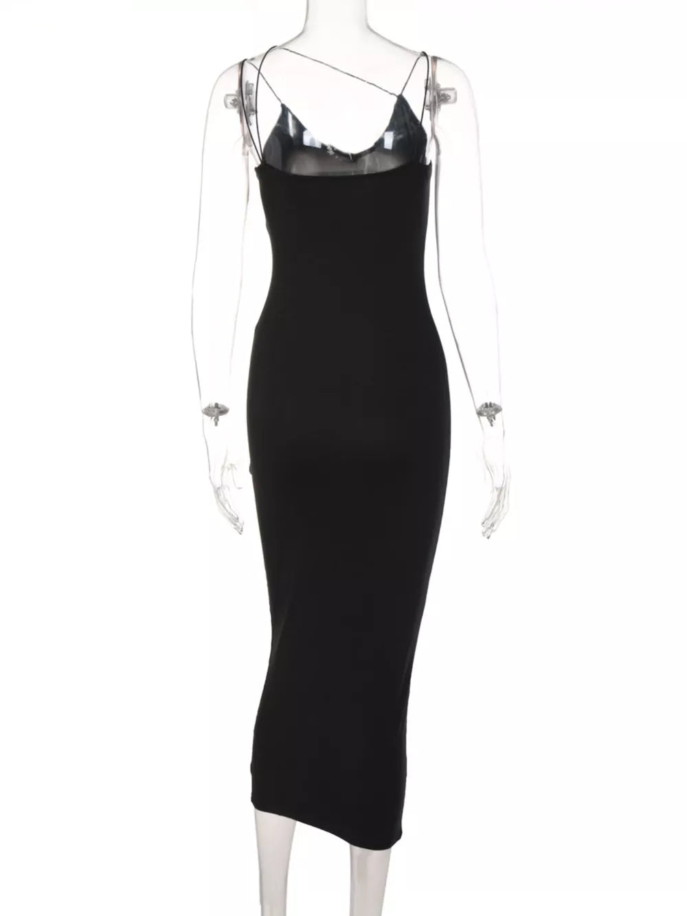 Black midi dress with spaghetti straps and sheer v-neck detail