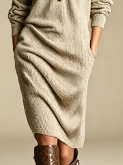 V-neck Half-button Ribbed Knit Dress in Khaki with ribbed