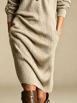 V-neck Half-button Ribbed Knit Dress in Khaki with ribbed