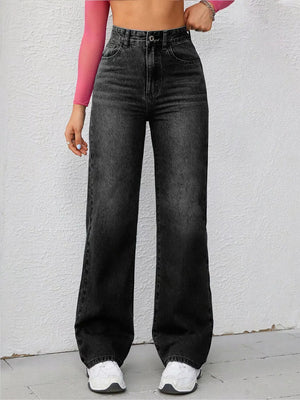 medium blue wide-leg jeans with full-length and button and zip fly