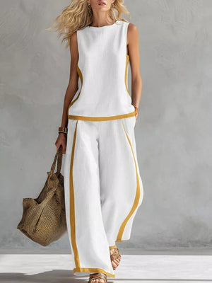 White sleeveless tank and wide-leg pants set with yellow trim, polyester, women's outfit
