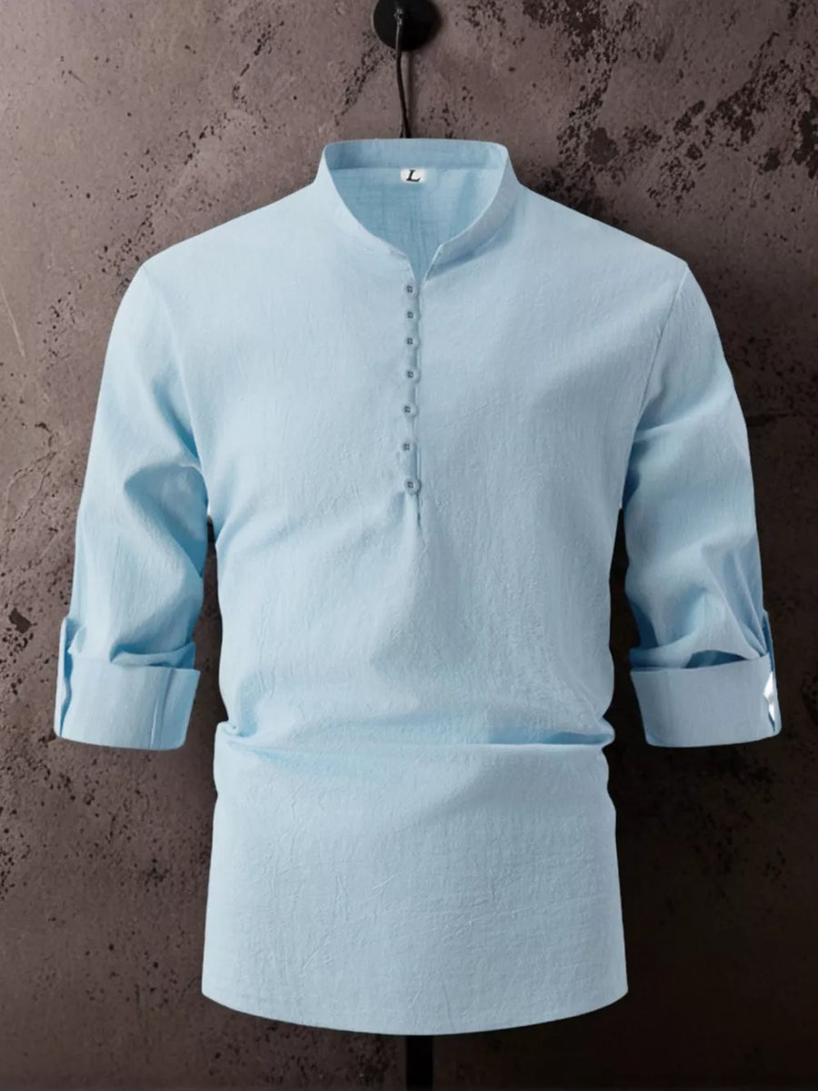 White button-up shirt with hip-length and half-button