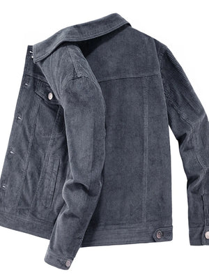 Grey corduroy button-down jacket with classic collar and button closure.