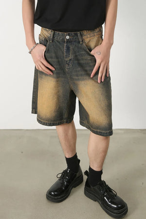 Two-tone washed denim bermuda shorts in olive brown with a relaxed fit.