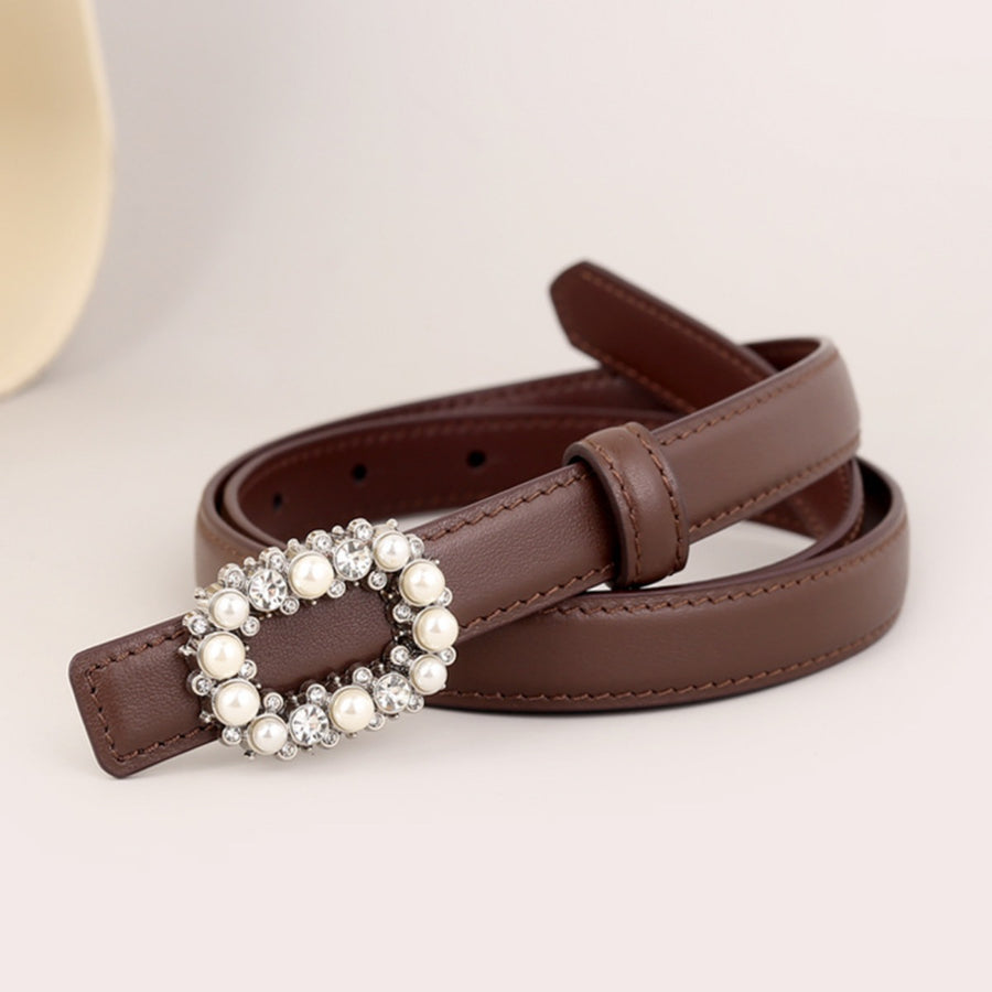 Brown leather belt with pearl and rhinestone oval buckle detail