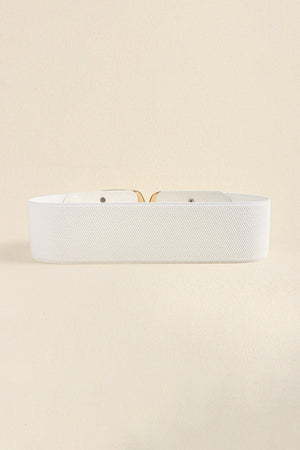 White elastic waist belt with double C buckle and gold hardware detail