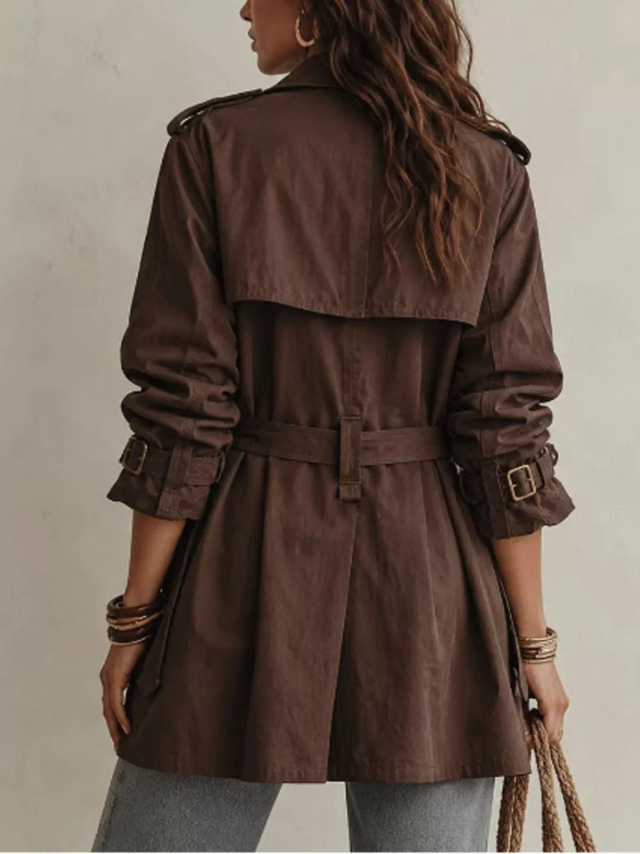 100% polyester Care instructions: Machine wash cold trench coat in chocolate brown with relaxed silhouette