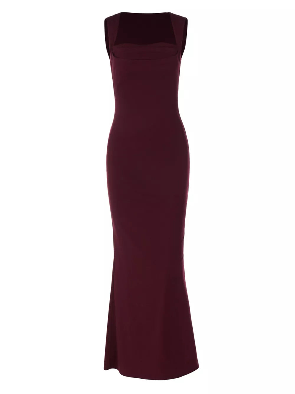Wine red bodycon maxi dress with square neckline and sleeveless design.