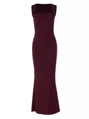 Wine red bodycon maxi dress with square neckline and sleeveless design.