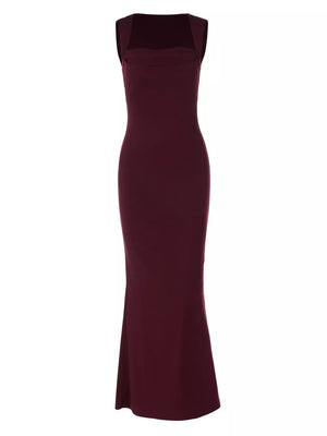 Wine red bodycon maxi dress with square neckline and sleeveless design.