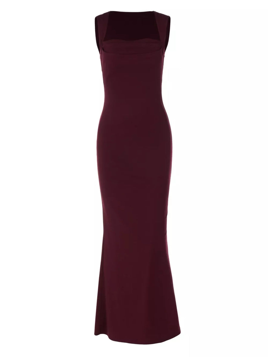Wine red bodycon maxi dress with square neckline and sleeveless design.