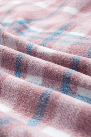 Pastel plaid shacket in dusty pink with blue and white checks, soft textured fabric.