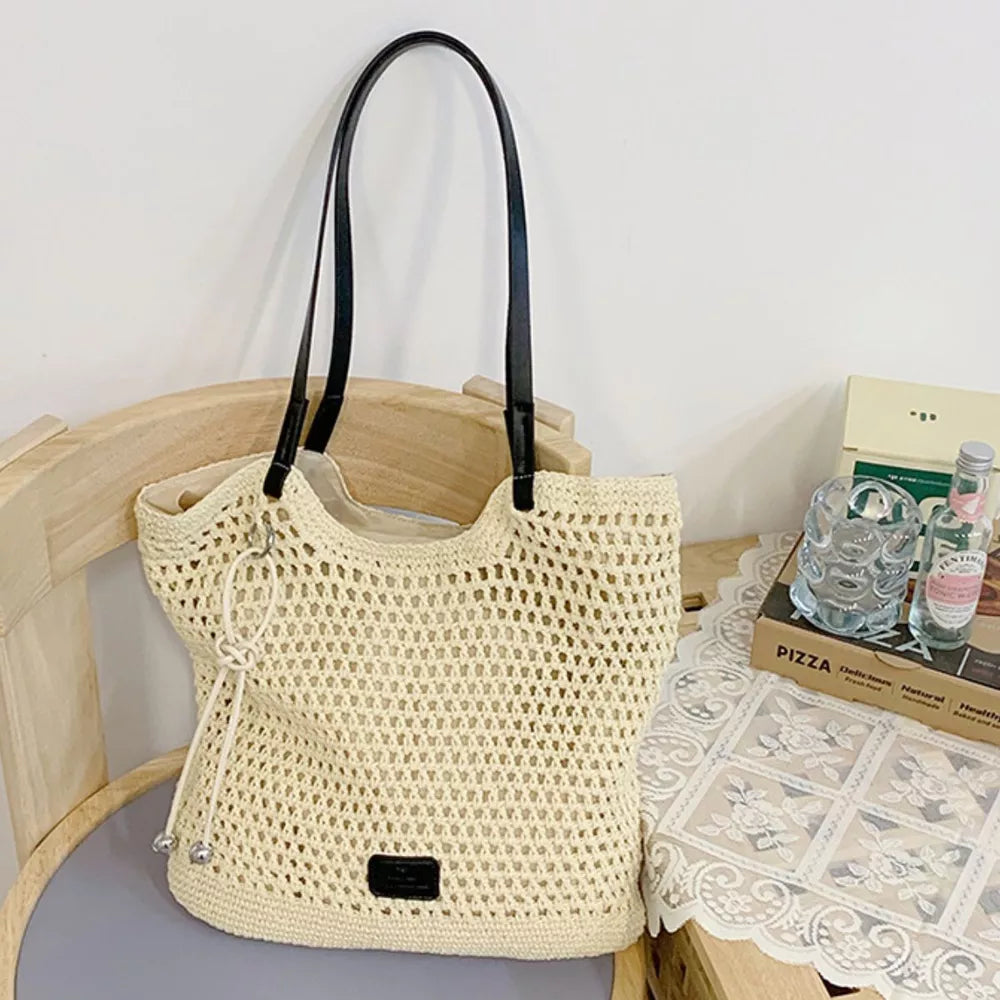 tote in White with geometric and crochet knit