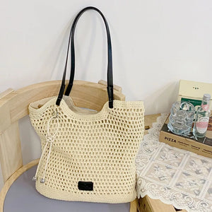 tote in White with geometric and crochet knit