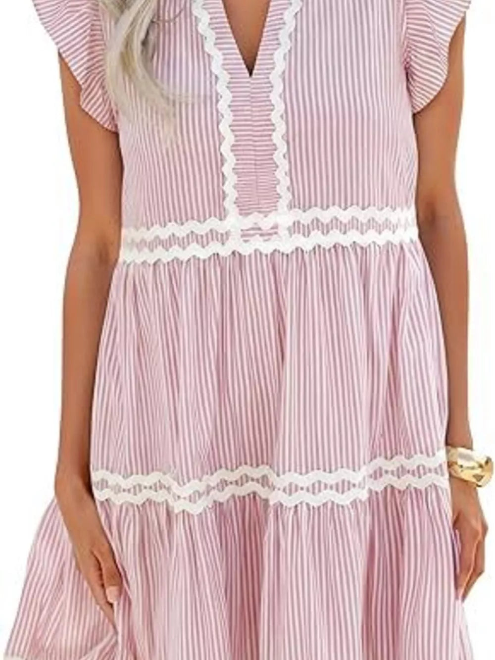 Striped Ruffle Sleeve Tiered Dress in Gum Leaf with tiered