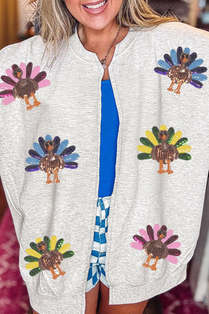 light gray cardigan with hip-length and zip-front