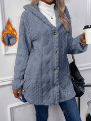 Dusty blue hooded fleece trench coat with cable knit texture and button-down front.