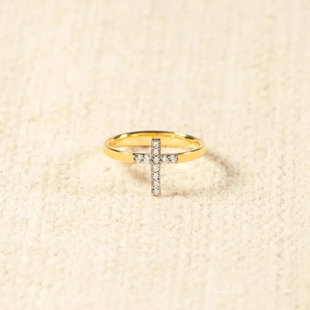 Gold band ring with pavé cross detail, 18K gold-plated