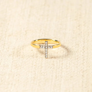 Gold band ring with pavé cross detail, 18K gold-plated