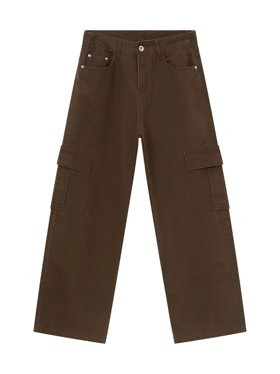 Oversized cargo denim trousers in coffee brown with large side pockets.