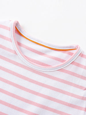 Toddler striped cotton dress with pink and white stripes and orange trim detail.