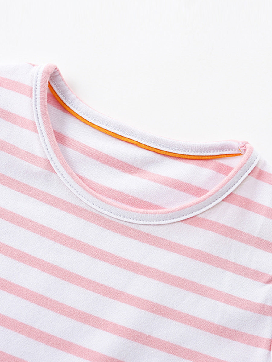Toddler striped cotton dress with pink and white stripes and orange trim detail.
