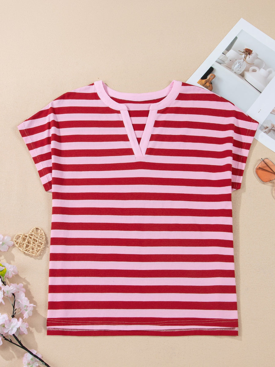 Stripe split v neck t-shirt in red and pink cotton blend with short sleeves.