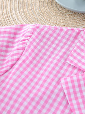white pajama set with button-front and gingham