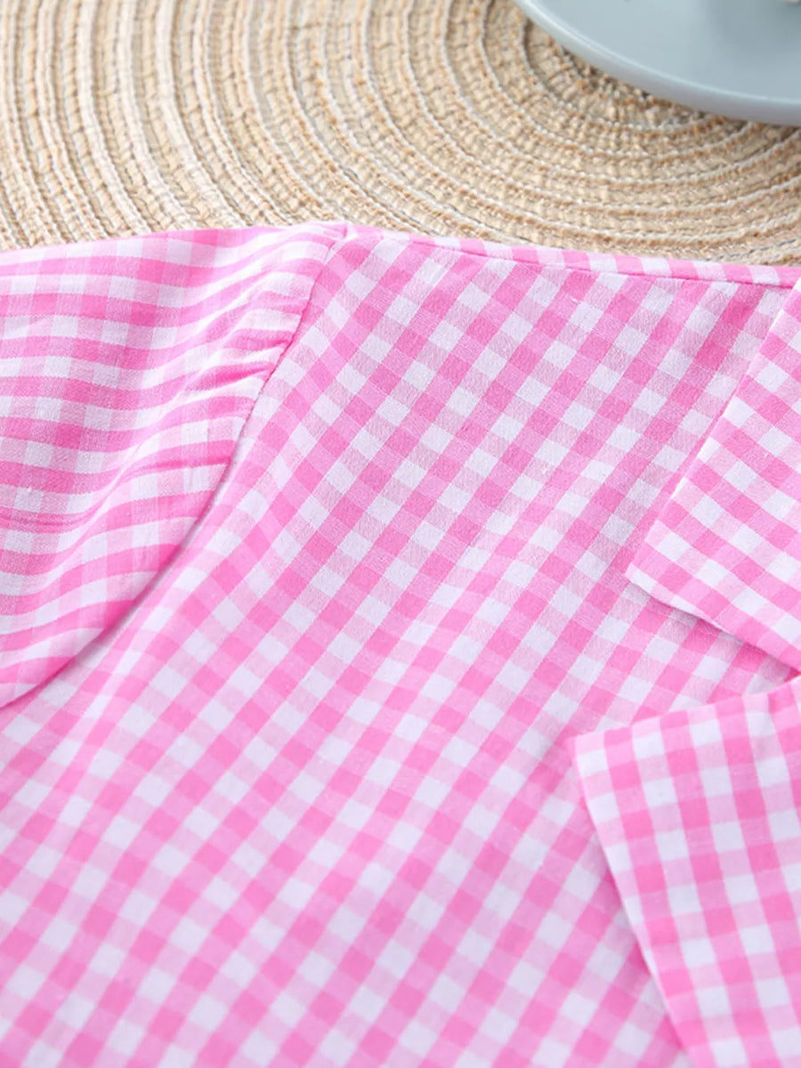 white pajama set with button-front and gingham