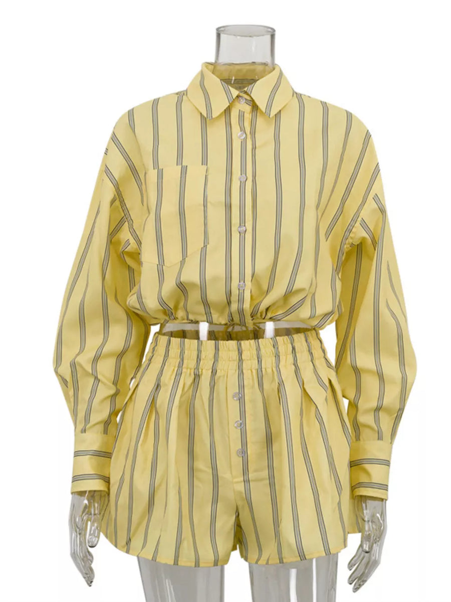 Yellow striped button-up shirt and shorts set with long sleeves and elastic waistband.