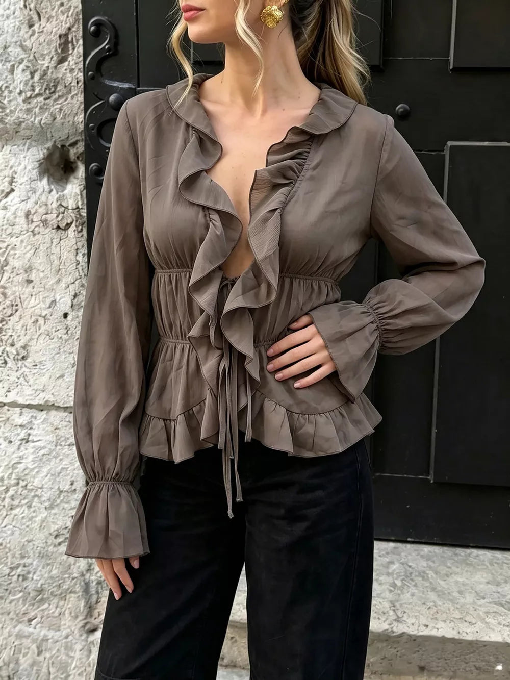 Brown Ruffled V-neck Long Sleeve Blouse