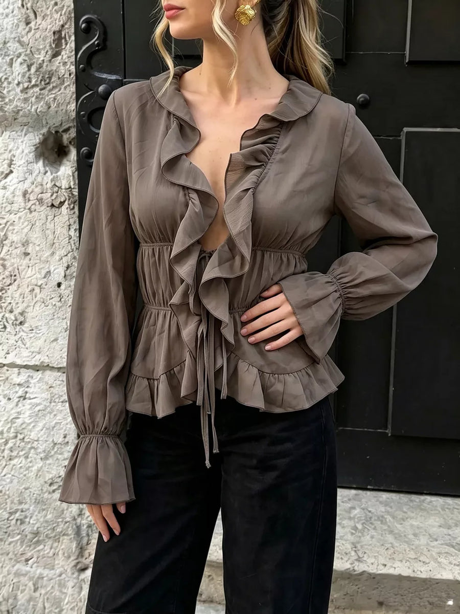 Brown Ruffled V-neck Long Sleeve Blouse
