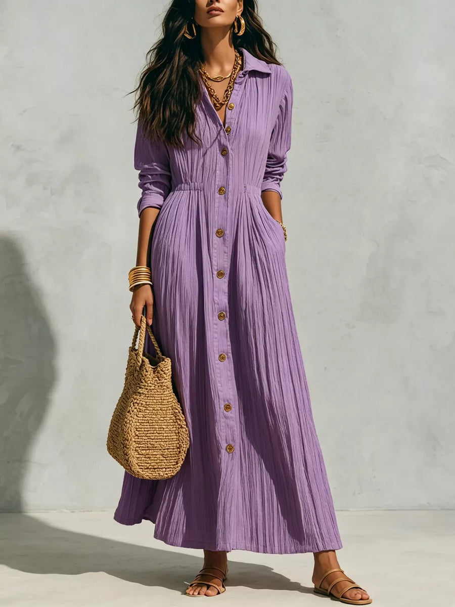 White maxi dress with button-front and textured