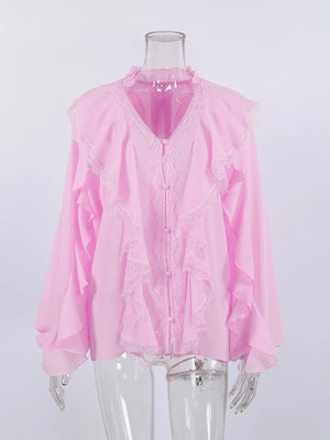 V-neck Ruffled Lace Trim Blouse in Khaki