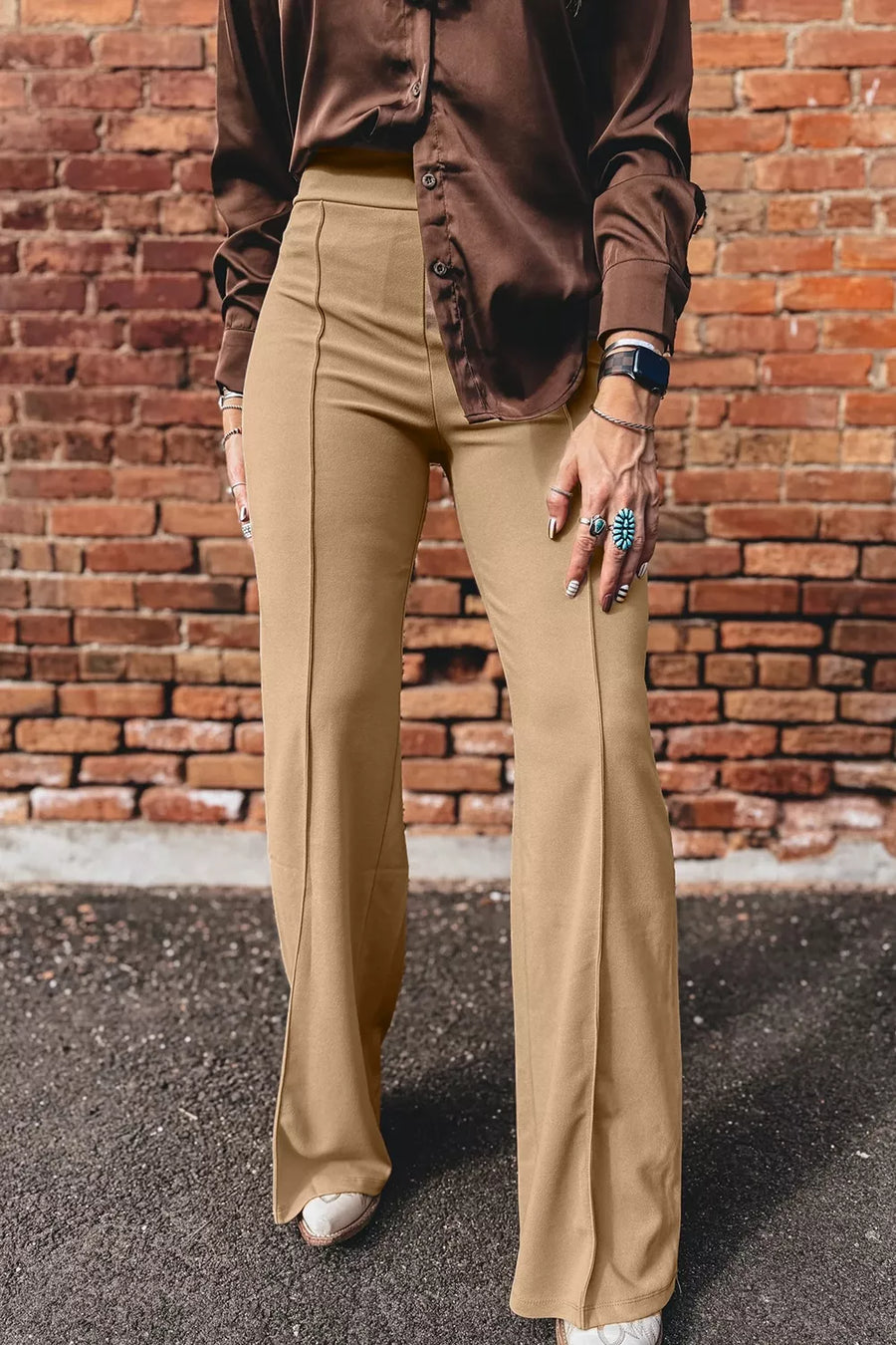 Tan with High Waist Full Length Regular Fit Pants