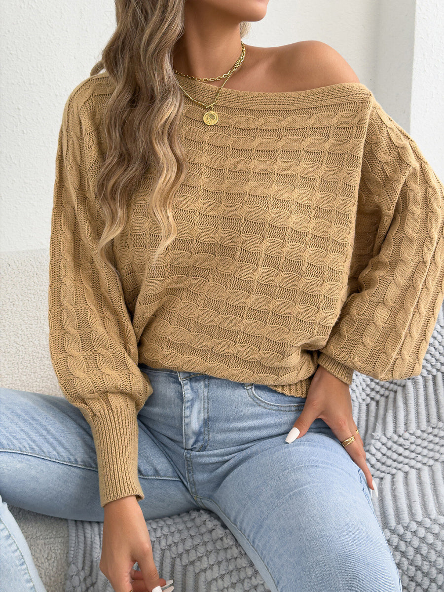 camel pullover sweater with cable knit and boat neck